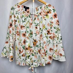 BCX Womenʻs White Green | Pink Floral Bell Sleeve Blouse w/ Tie XL
